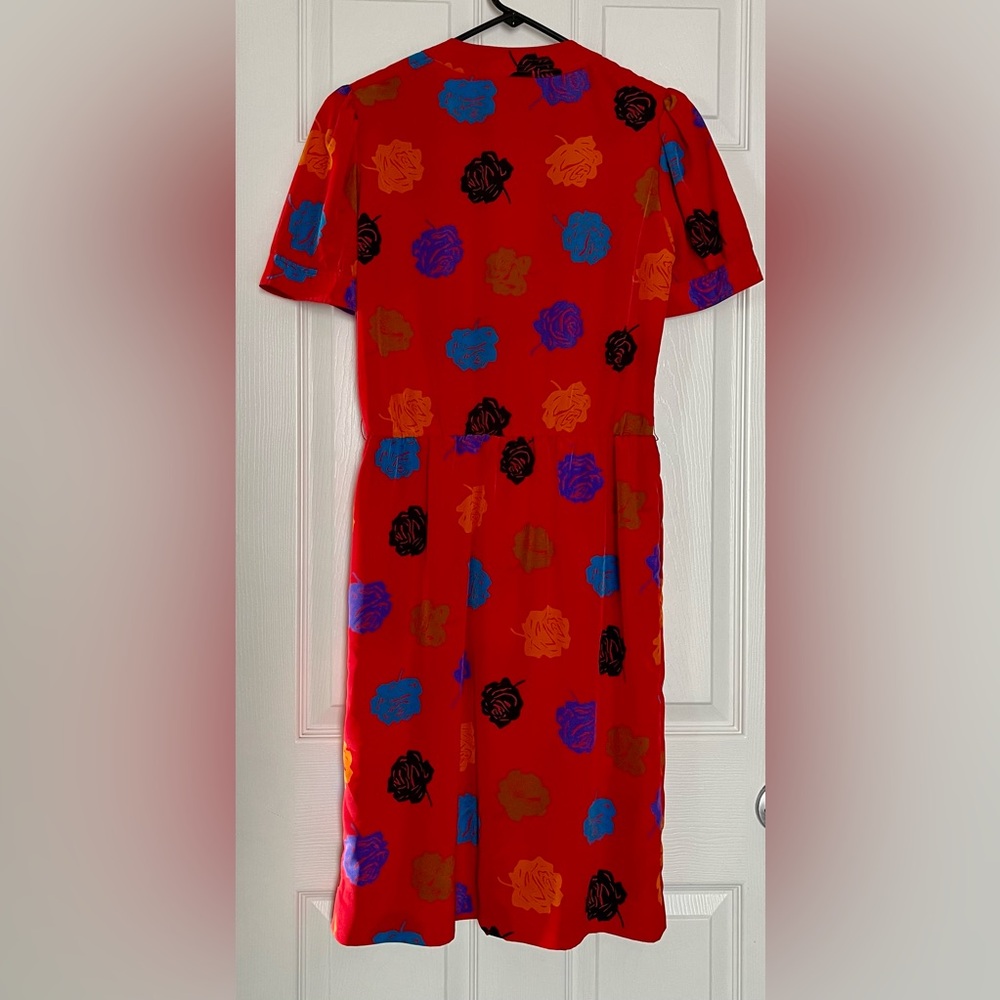 VINTAGE 1980s Albert Nipon Red Dress with Multicolor Floral Pattern Size 4 Korea - Picture 3 of 13